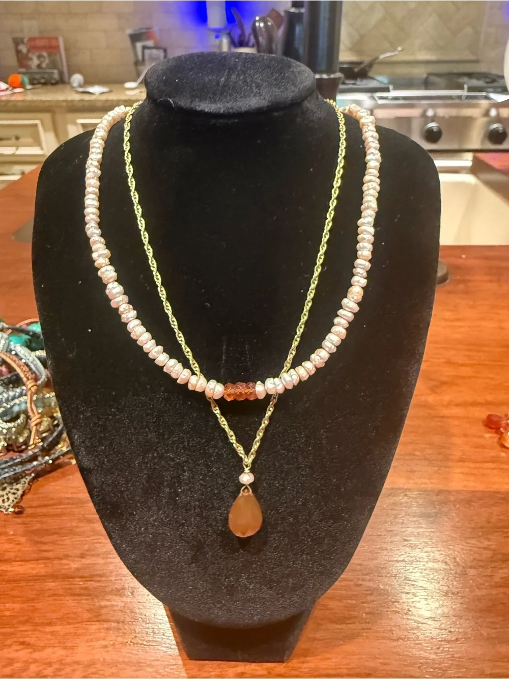 Layered Freshwater Pearl Gold Chain Necklace Amber Teardrop Pendant